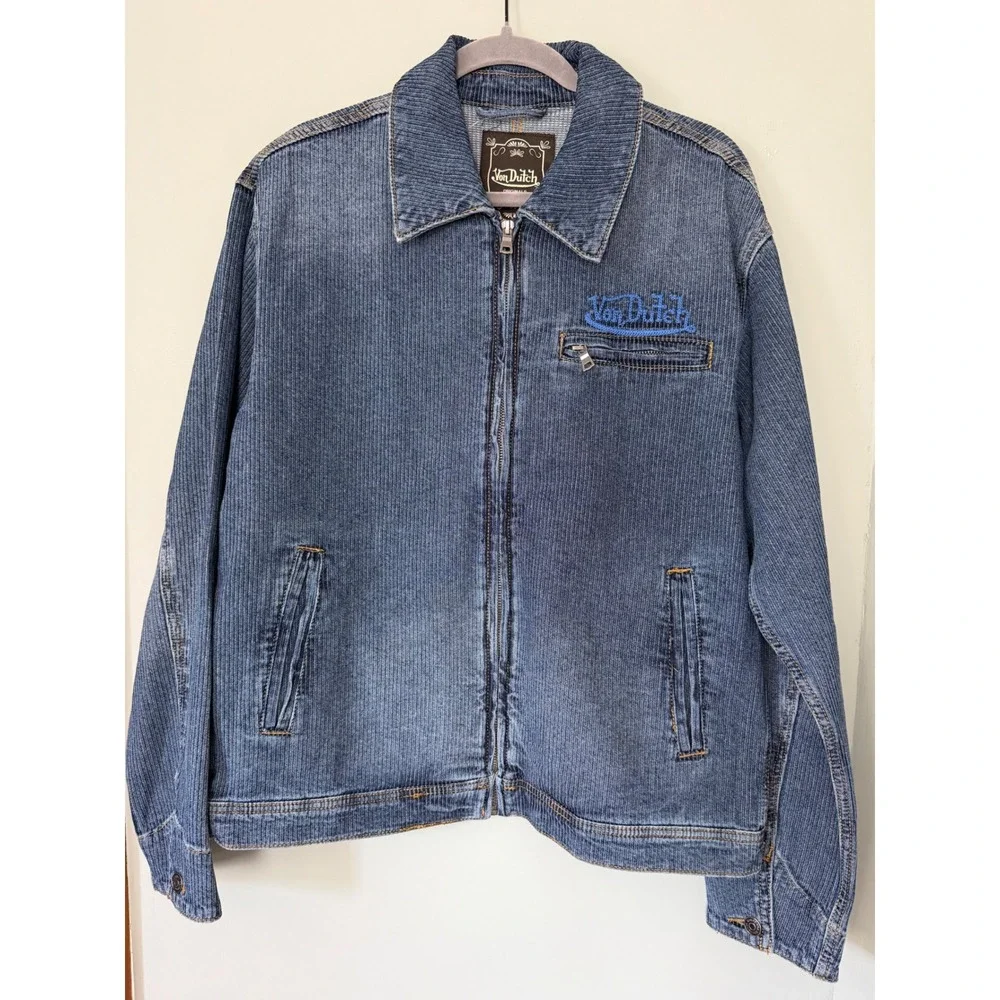 Von Dutch The Phase Cotton Pinstripe Blue Denim Zip-Up Trucker Jacket Medium NWT